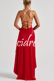 Samira Satin Back Lace-up Ruffles High Low Slit Maxi Dress