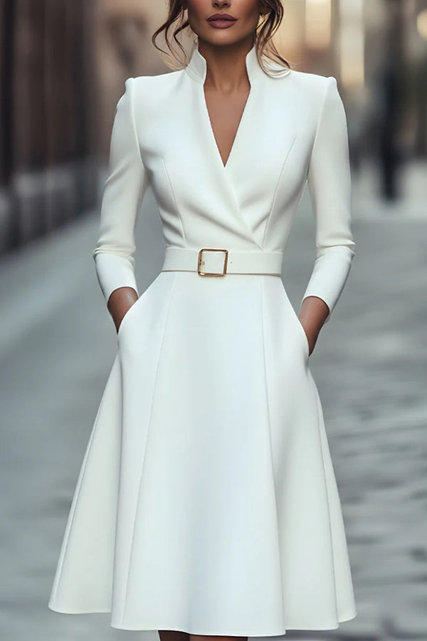 Solid Color V-neck Fitted Waist Long Sleeve Elegant Midi Dress