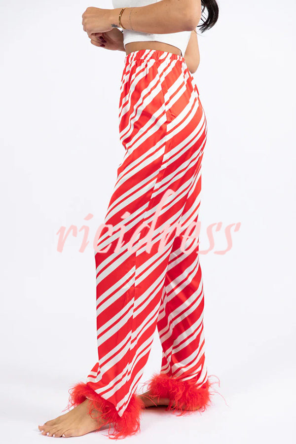 Christmas Party Striped Print Pocket Feather Elastic Waist Pajama Set