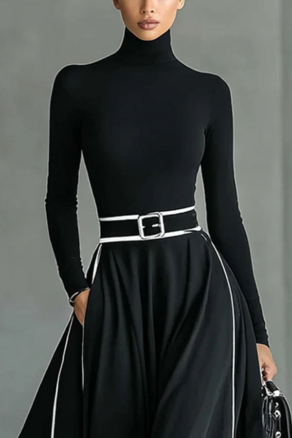 Stylish Color-blocked Trim High-neck Long-sleeved Casual Pockets Maxi Dress