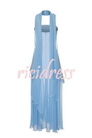 Monaco Off Shoulder Structured Top Chiffon Slit Hem Scarf Maxi Dress