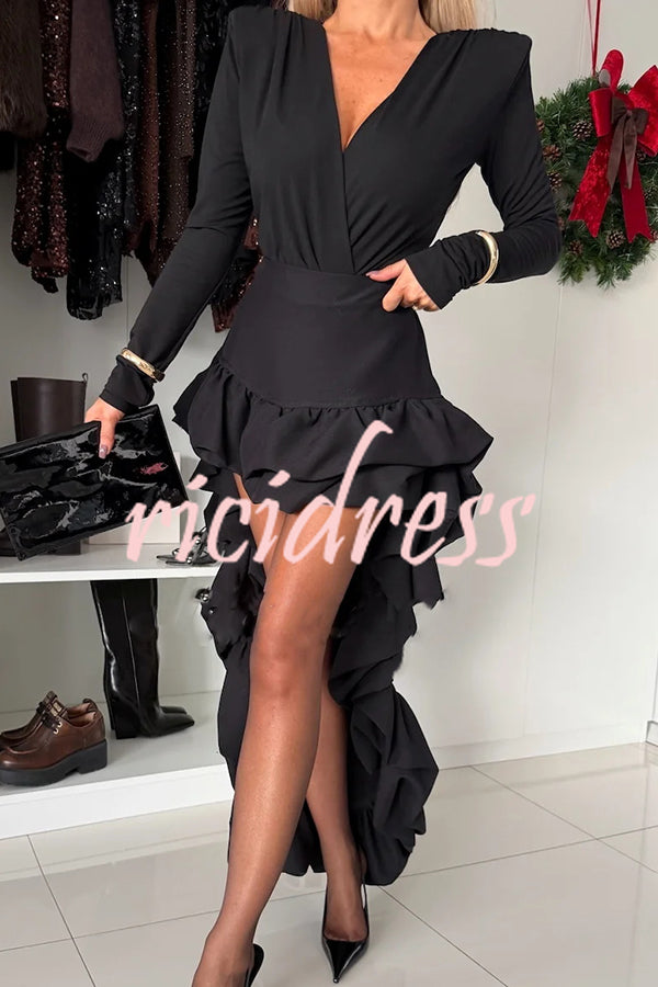 Toast To Midnight Solid Color High Rise Irregular Ruffled High Low Maxi Skirt