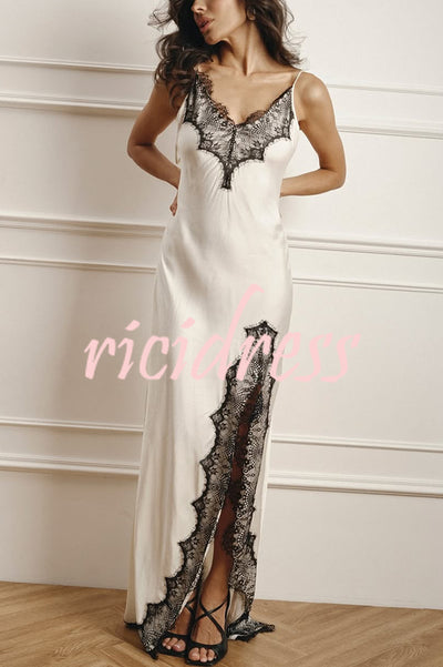 Elegant Splicing Lace Suspenders V-neck Sexy Slit Maxi Dress