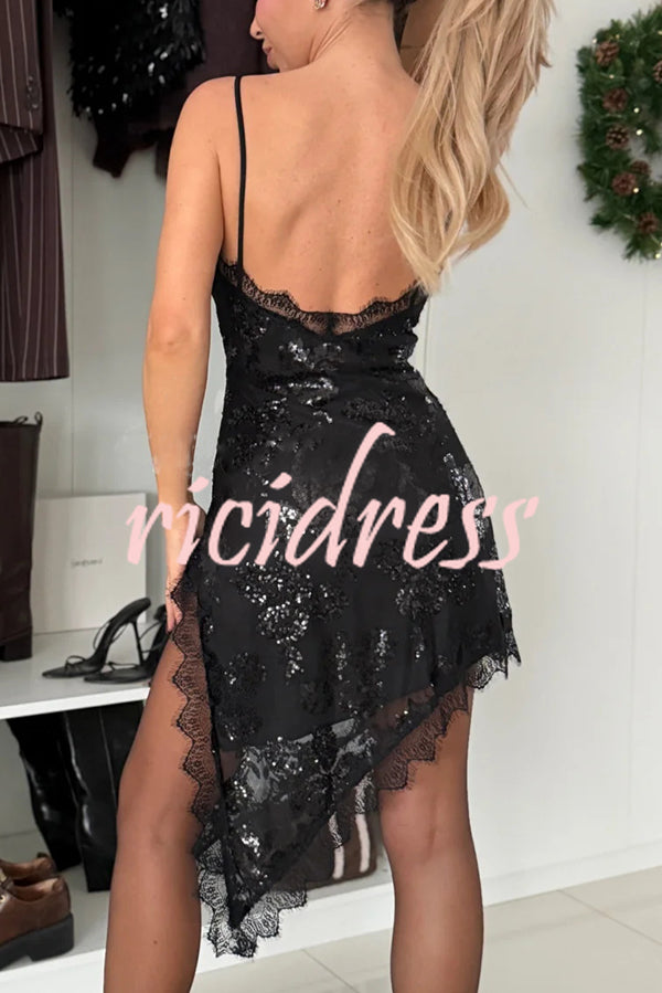 Charming and Romantic Floral Sequin Lace Trim Irregular Slit Hem Slip Mini Dress