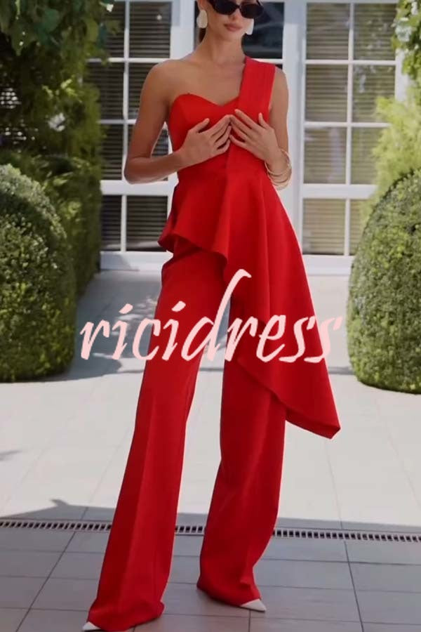 Amena One Shoulder Sweetheart Neck Ruffle Hem Top and Elastic Waist Pocket Wide Leg Pants Set