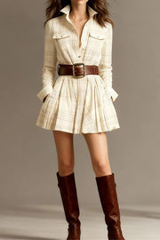 Plaid Print Lapel Long Sleeve Fitted Waist Pocket Casual Mini Dress
