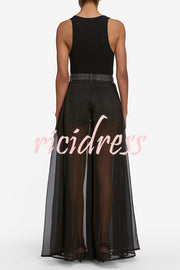 Avant-garde Fashion Denim Flowing Organza Patchwork Pocketed Wide Leg Jeans