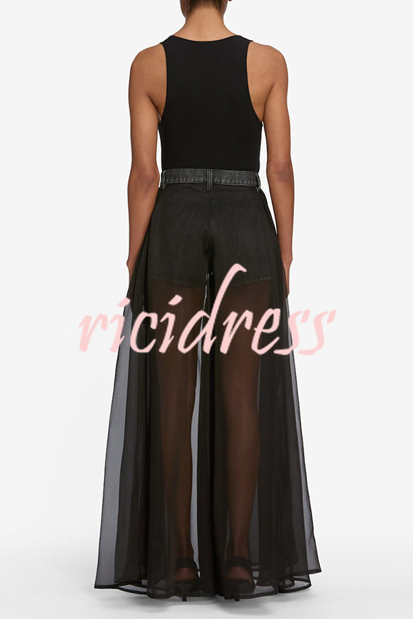 Avant-garde Fashion Denim Flowing Organza Patchwork Pocketed Wide Leg Jeans