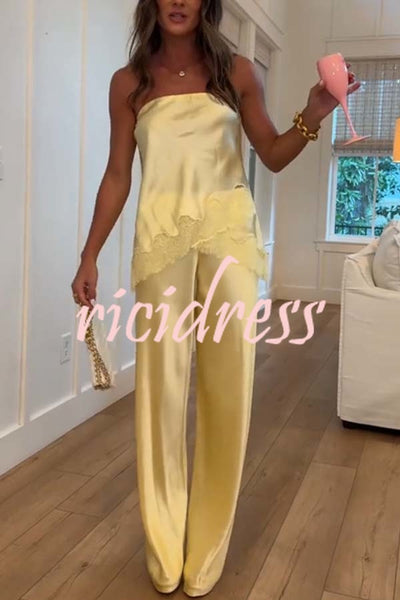 Odessa Satin Floral Lace Hem Strapless Tank and Mid Rise Wide Leg Pants Set