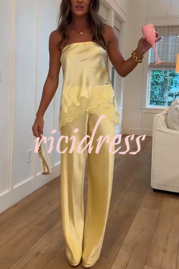 Odessa Satin Floral Lace Hem Strapless Tank and Mid Rise Wide Leg Pants Set