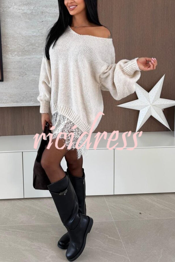 Comfy and Sweet Knit Lace Patchwork Hem Wide Neck Long Sleeve Loose Sweater