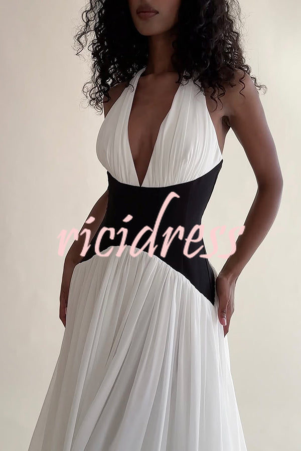 Fashionable Color Matching Sexy Halter Neck Waist Maxi Dress