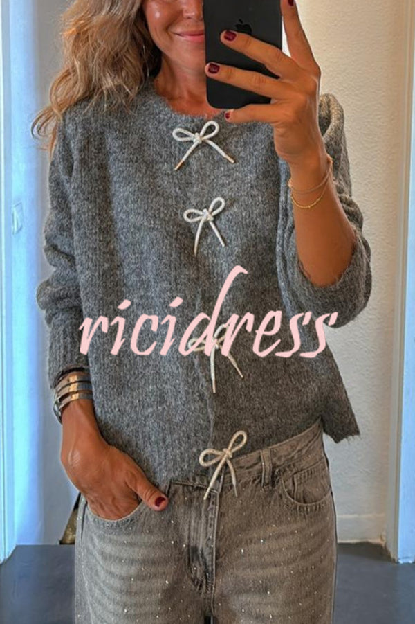 Paris Mornings Knit Front Bow Design Long Sleeve Relaxed Cardigan