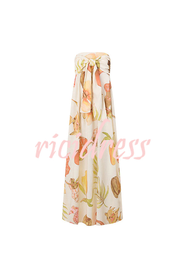 Island Time Linen Blend Unique Print Strapless Back Tie-up A-line Maxi Dress