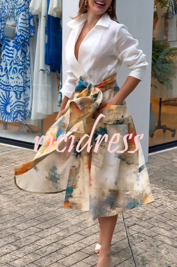 Jiles Linen Blend Unique Contrast Print Long Sleeve Tie-up Pocket Shirt Midi Dress