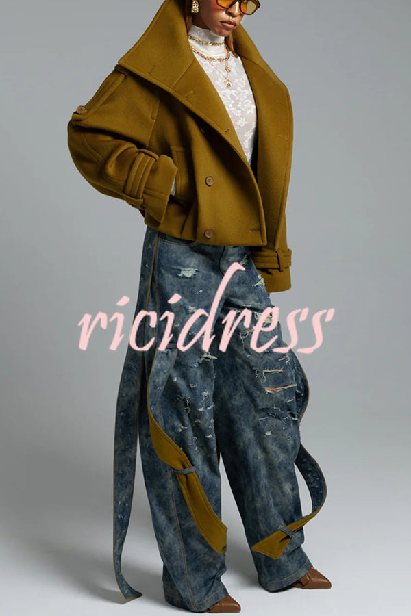 Ellie Epaulettes Stand Neck Double-Breasted Pocket Cropped Loose Woolen Coat