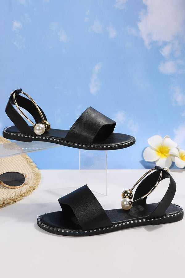 Summer Simple Flat Bottom Pearl Buckle Roman Sandals