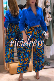 Ocean Heart Linen Blend Printed Ruched Hem Blouse and Belted High Rise Pocket Loose Pants Set