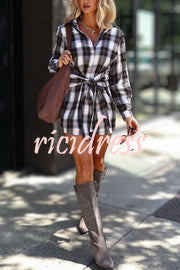 Ashroot Plaid Button Up Wrap Tie Long Sleeve Shirt Mini Dress
