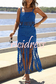 Caitlin See Through Circle Embroidery Square Neck Tassle Hem Slip Tank