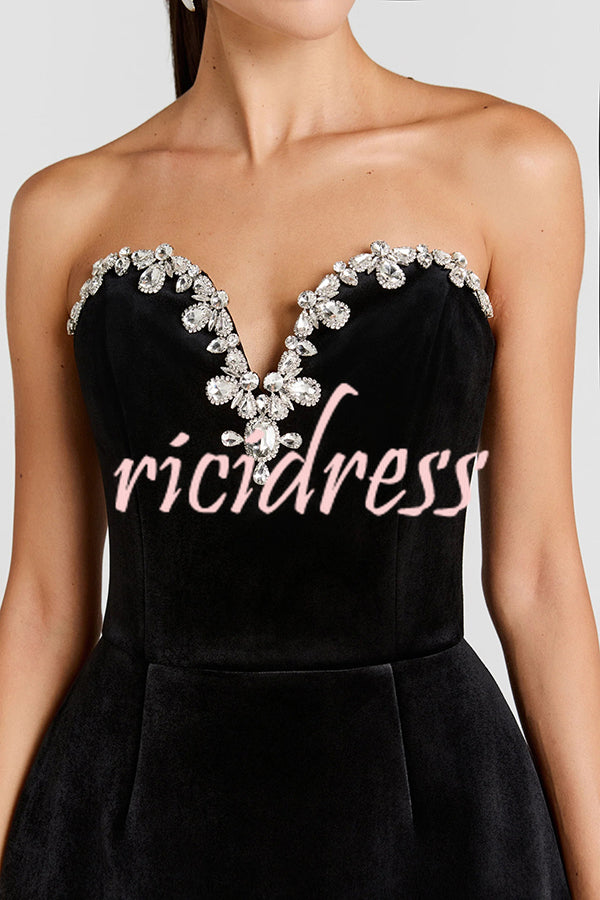 Ines Luxurious Velvet Jewel-encrusted Sweetheart Off Shoulder Neck Tulip Stretch Mini Dress