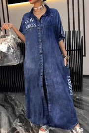 Fashion Letter Print Lapel Cardigan Loose Maxi Dress