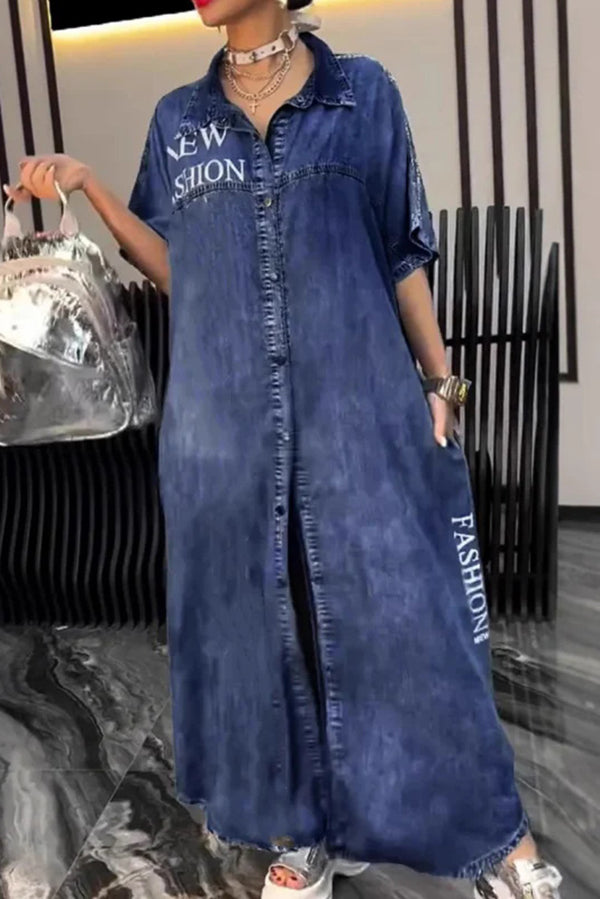 Fashion Letter Print Lapel Cardigan Loose Maxi Dress