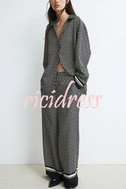 Unique Print Lapel Long Sleeve Loose Shirt and Elastic Waist Casual Pocket Wide Leg Pants Set