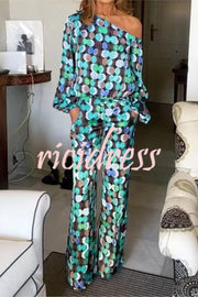 Hailey Colorful Polka Dots One Shoulder Top and Elastic Waist Pocketed Flare Pants Set