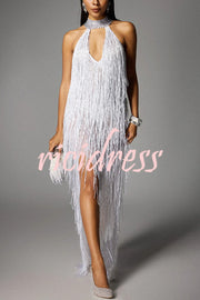 Glimmer Hour Shiny Layered Tassels Halter Cutout Neck Split Maxi Dress