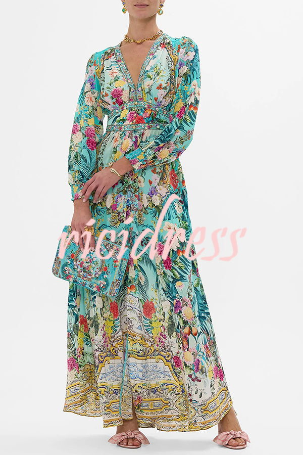 Fairy Tale Print V-Neck Lantern Sleeve Waist Maxi Dress