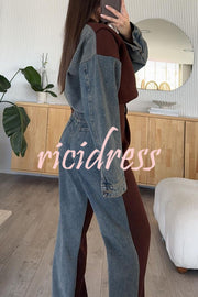 Sports Fashion Denim Patchwork Sweatshirt Fabric High Rise Pocket Loose Pants