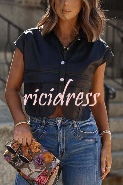 Fashion Faux Leather Pocket Sleeveless Cropped Jacket