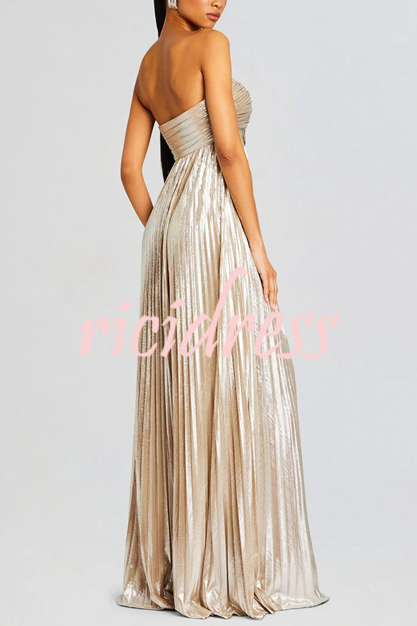 Metallic Sexy Tube Top Pleated High Slit Maxi Dress