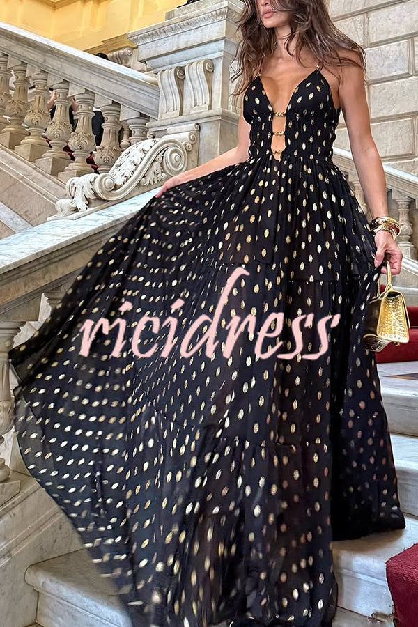 Charming View Chiffon Gold Polka Dot Print Cutout Lightweight Maxi Dress