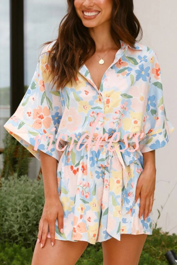 Floral Print Lapel Half Sleeve Tie Waist Loose Rompers