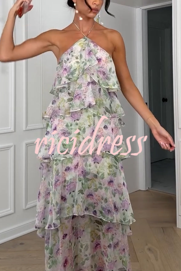 Cocktail Party Sheer Floral Georgette Halter Flowy Tiered Maxi Dress