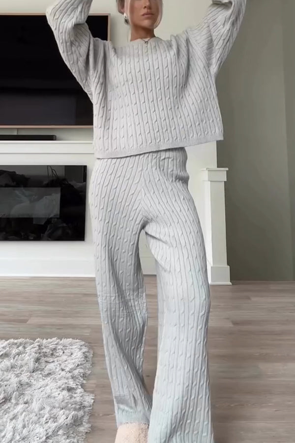 Autumn Travel Knit Cable Long Sleeve Sweater and Elastic High Waist Wide Leg Pants Set