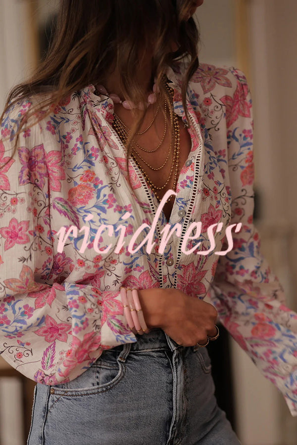Floral Print Long-Sleeved Button-Up Elegant Shirt