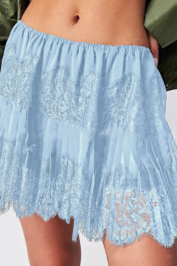 Solid Color Lace Elastic Waist Casual Mini Skirt