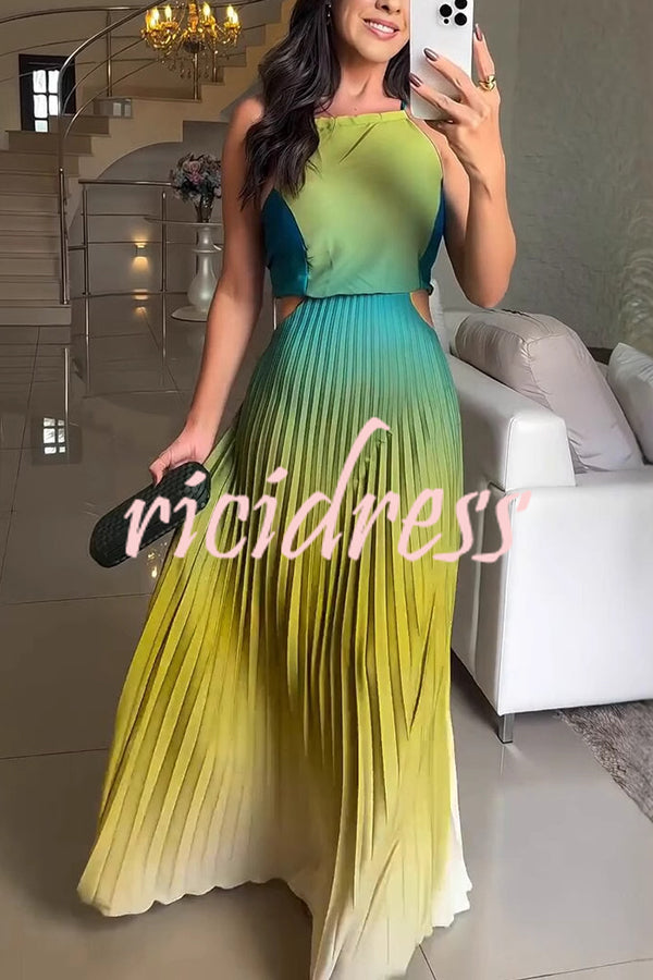 Fashionable Backless Tie Elegant Gradient Pleated Maxi Dress