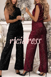Stylish Sparkly Velvet Sequin Sleeveless Pleated Top and Casual Wide-leg Pants Set