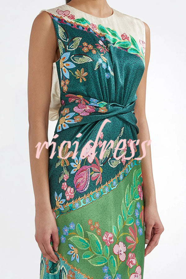 Gwen Satin Unique Print Round Neck Twisted Waist Maxi Dress