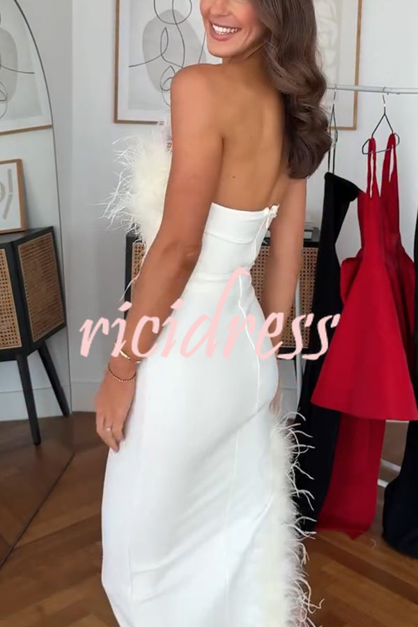 Retro and Glamorous Feather Trim Detail Bandeau Slit Stretch Midi Dress