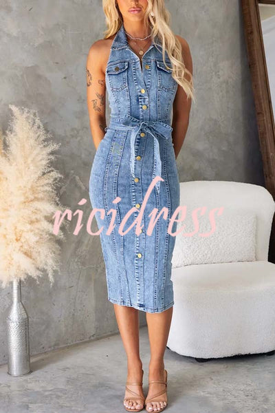 Kalyn Denim Button Up Belted Pocket Halter Stretch Midi Dress