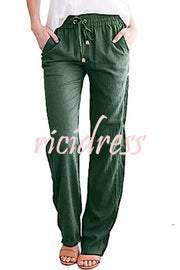 Soft Breathable Solid Color Drawstring Elastic Waist Long Straight Pants