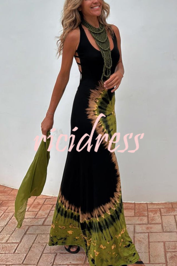 Summer Adventures Tie-dye Print Back Lace-up Stretch Maxi Dress