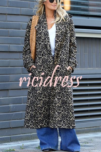 Leopard Affair Animal Print Epaulettes Long Sleeve Pocketed Lapel Midi Trench Coat