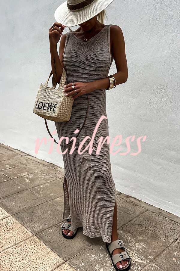 Solid Color Knitted Cutout Slit Slim Fit Maxi Dress