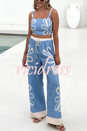 Floral Print Suspender Back Pleated Top and Elastic Waist Drawstring Pants Set